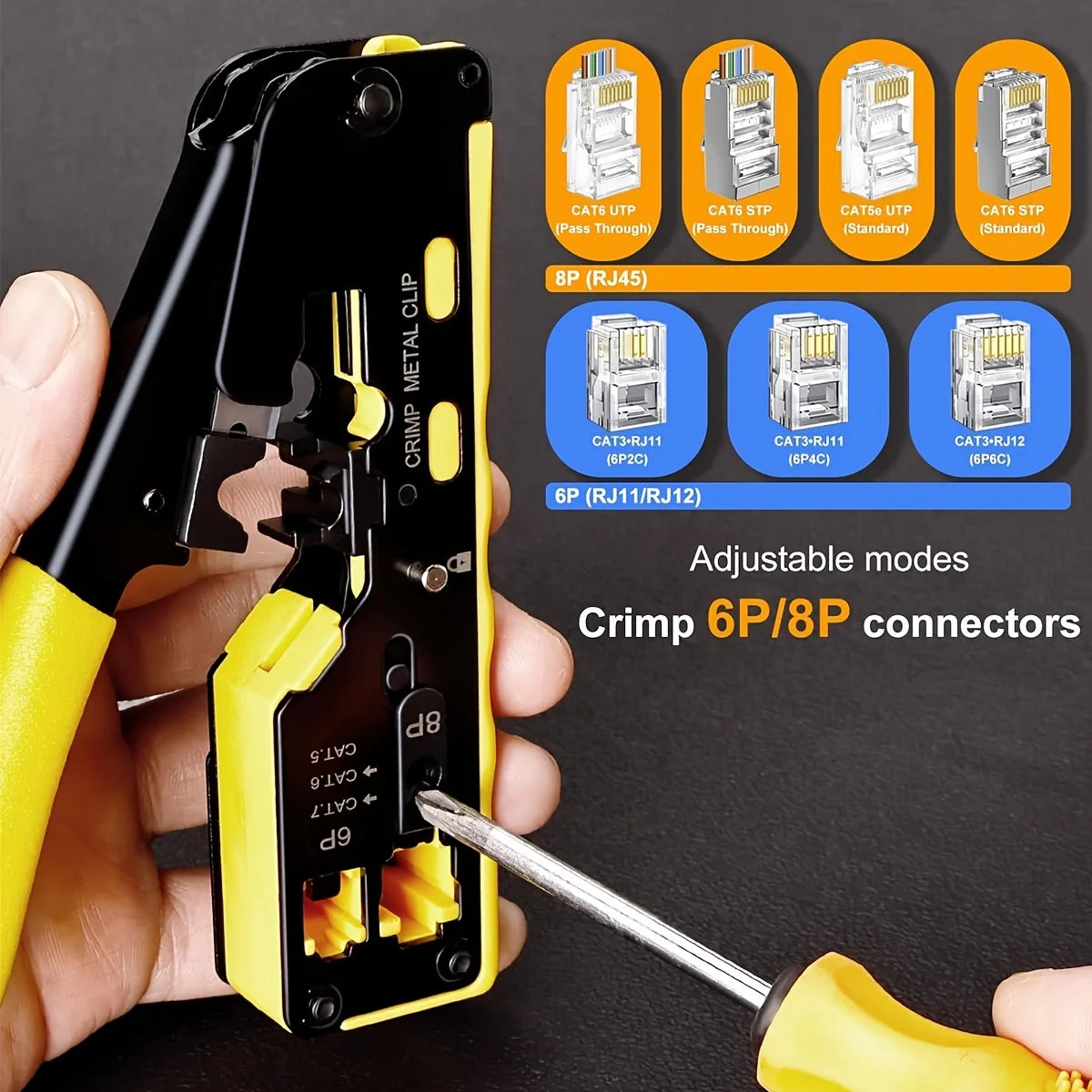 Ratcheting Modular Data Cable Crimper / Wire Stripper / Wire Cutter for RJ11/RJ12 Standard, RJ45 Pass-Thru Connectors