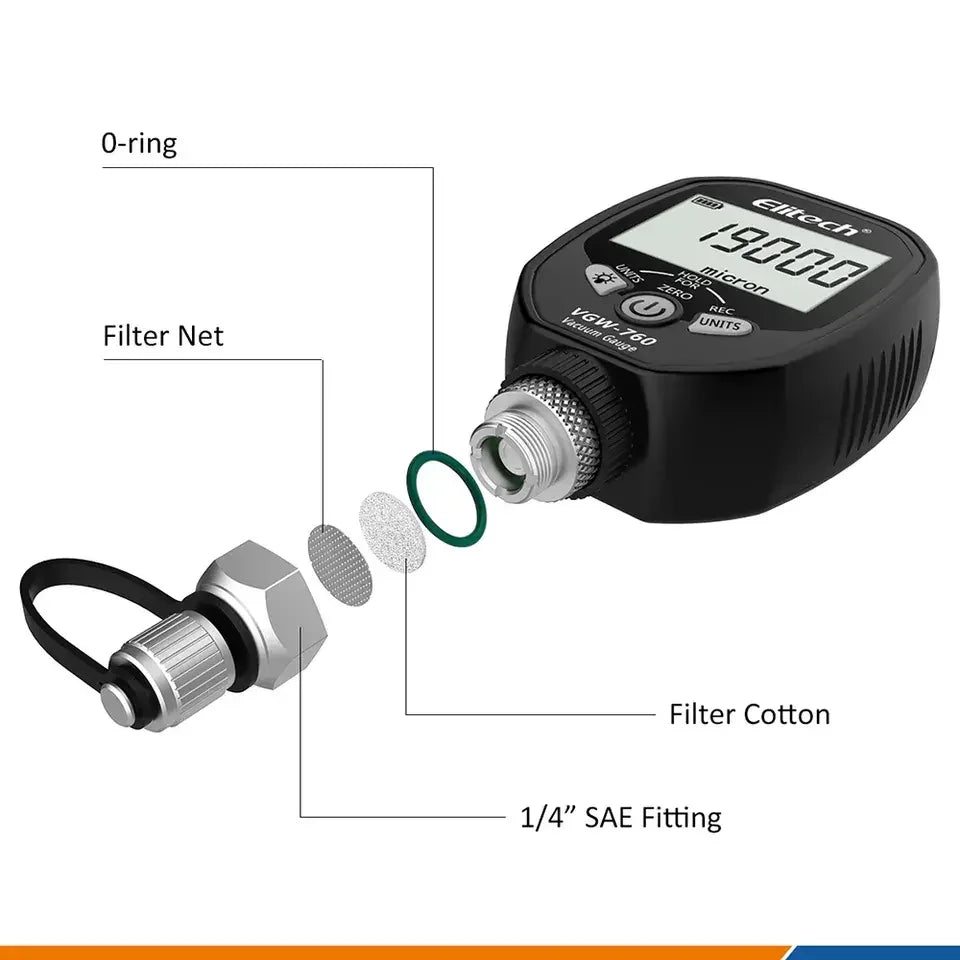 VGW-760 Wireless Digital Vacuum Gauge Bluetooth Micron Meter HVAC Refrigeration Vacuum Meter Leak Testing 1/4 SAE