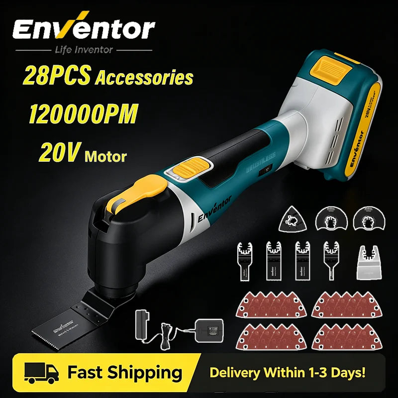 Enventor 20V Cordless Oscillating Multi Tool, Brushless Oscillating Saw with 28PCS Accessories, Fast Charger, 6 Variable Speeds, 4° Oscillation Angle for Scraping, Sanding