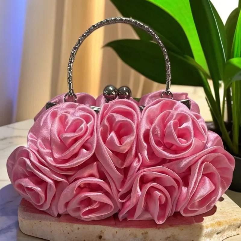 Satin Flower Clutch Bags For Women Banquet Party Evening Bags Metal Handbags Retro Blue Silver Black Chain Shoulder Bag female