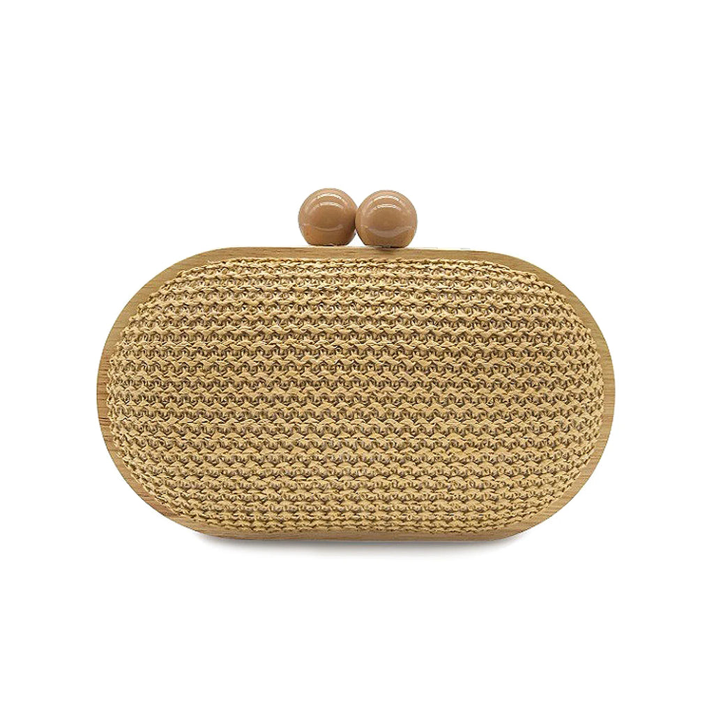 CEZIRA Women's Fashionable Straw Woven Clutch Wooden Frame Clip Closure Evening Bag Hard-case Long Chain Handbag Purse Holiday