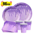 Colorful Tableware Set Rose Gold Purple Gold Birthday Wedding Disposable Paper Plate Cup Tissue Party Supplies
