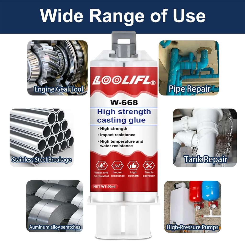 AB Casting Adhesive, Metal Crack Repair, Leak-Proof Sealing, Bonds Iron, Aluminum, Copper, Steel, Ceramics, and Plastics, High Temperature Resistance up to 150°C, High Strength.