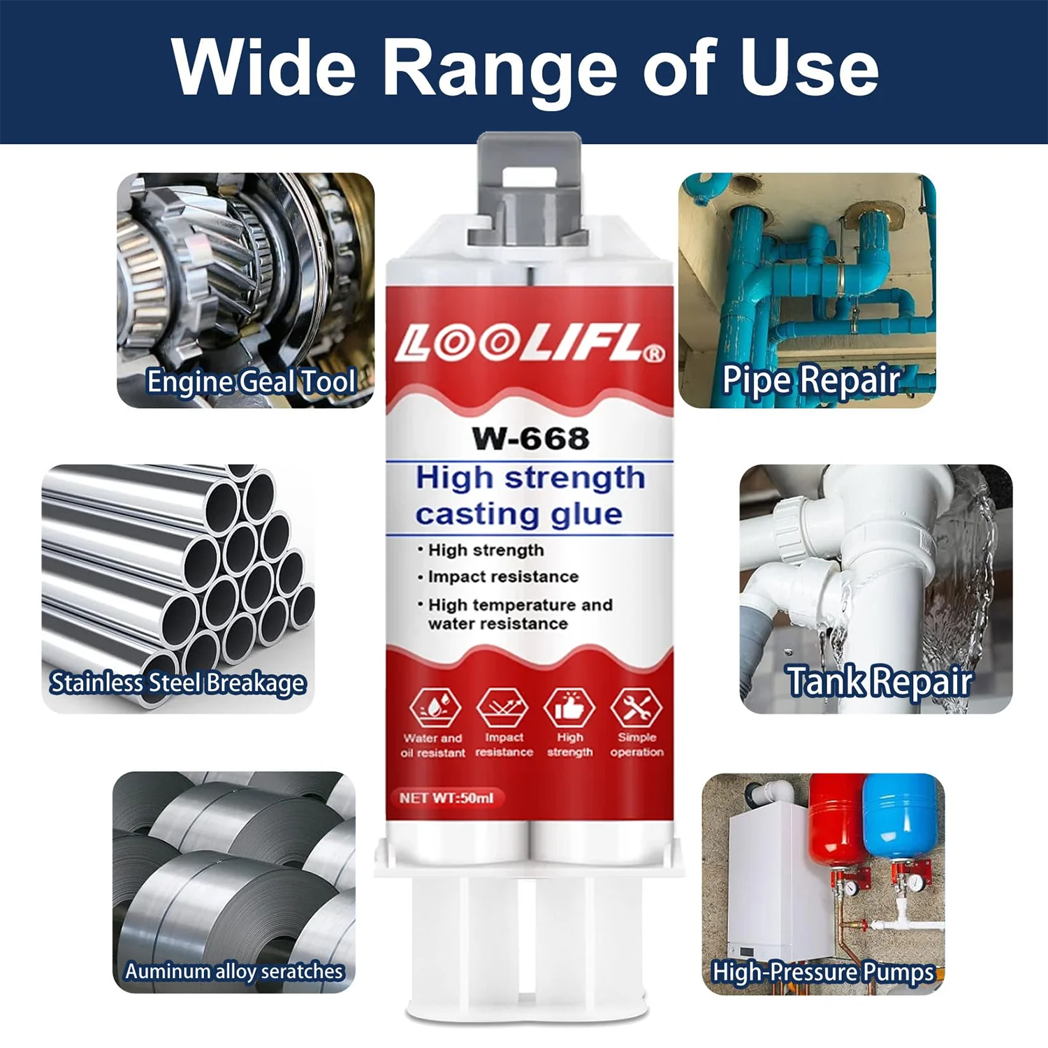 AB Casting Adhesive, Metal Crack Repair, Leak-Proof Sealing, Bonds Iron, Aluminum, Copper, Steel, Ceramics, and Plastics, High Temperature Resistance up to 150°C, High Strength.
