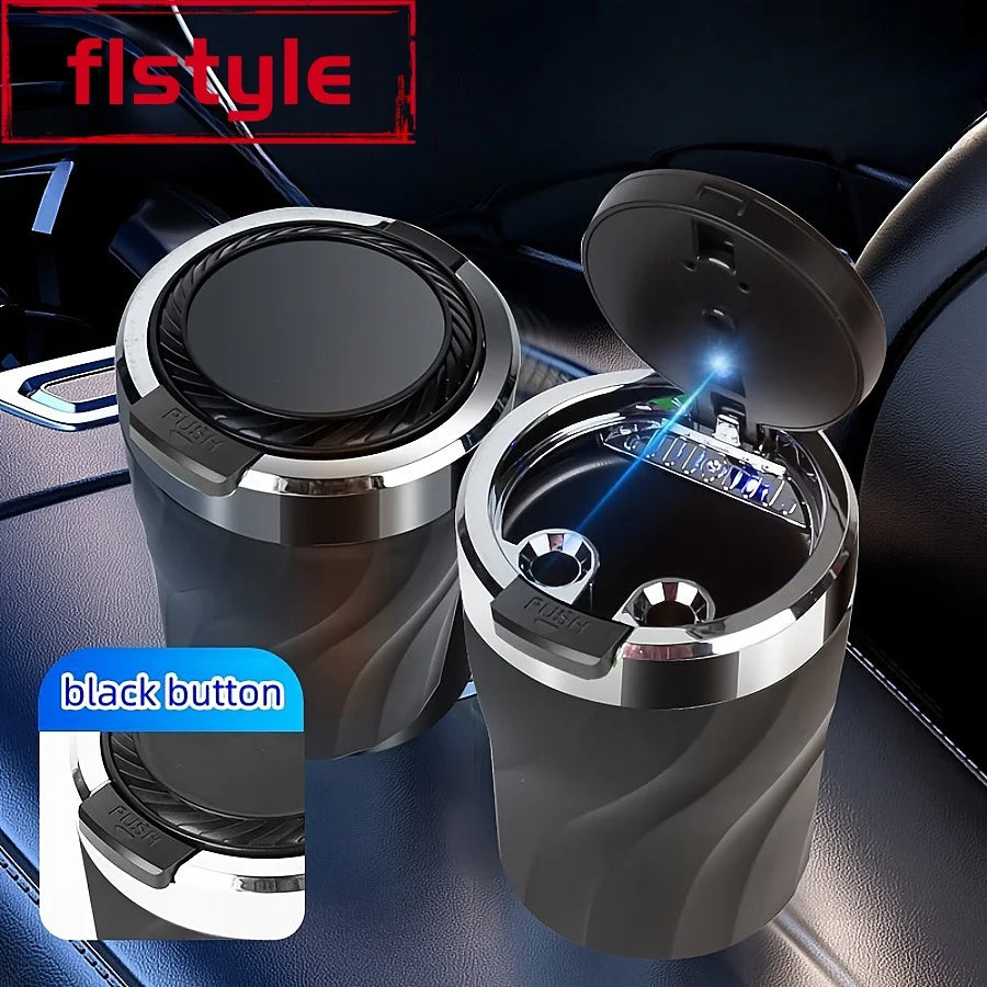 1 car ashtray set, interior use, one click lid opening, large capacity, equipped with LED lights and metal lining.