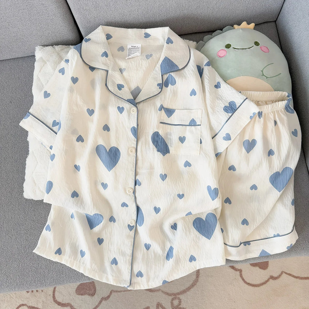 Women's Summer Thin Pajamas with Heart-Shaped Pattern, Short-Sleeved Shorts, Sweet and Cute, Can Be Worn Outside in Summer, Two-Piece Home Wear Set