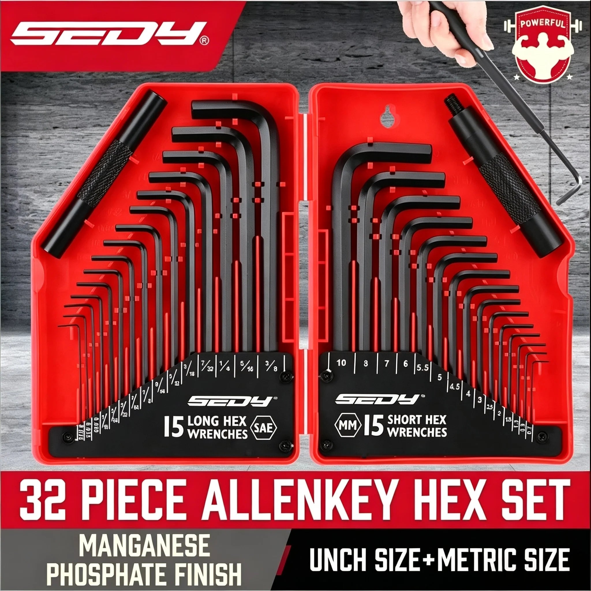 SEDY 32-Piece Hex Key Wrench Set, Metric and SAE Allen Wrenches L Shape Allen Keys, Chrome Vanadium Steelwith 2x Extension Handl