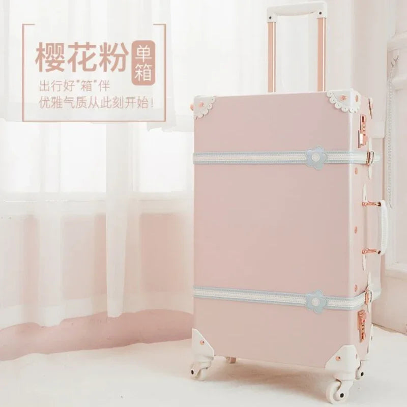 20 "22" 24 "26  Retro Travel Suitcase PU Leather Luggage Set With Wheels Rolling Trolley Case Pink Big Capacity Portable Valise