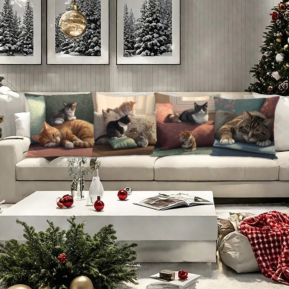 4 Pillow Covers Cute Cat Theme Decorative Cushion Covers Featuring Charming Cats In Cozy Home Settings Perfect For Your Living