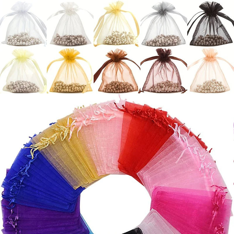 20pcs 5x7 7x9 9x12 cm Organza Drawstring Bags Gift Pouches Necklace Packing Display Bracelet Bags Diy Jewelry Packaging Making