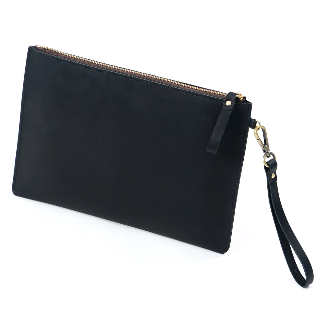 Handmade Vintage Men's Top-Grain Leather Briefcase - Medium Waxed Leather Zippered Document Organizer Clutch Bag