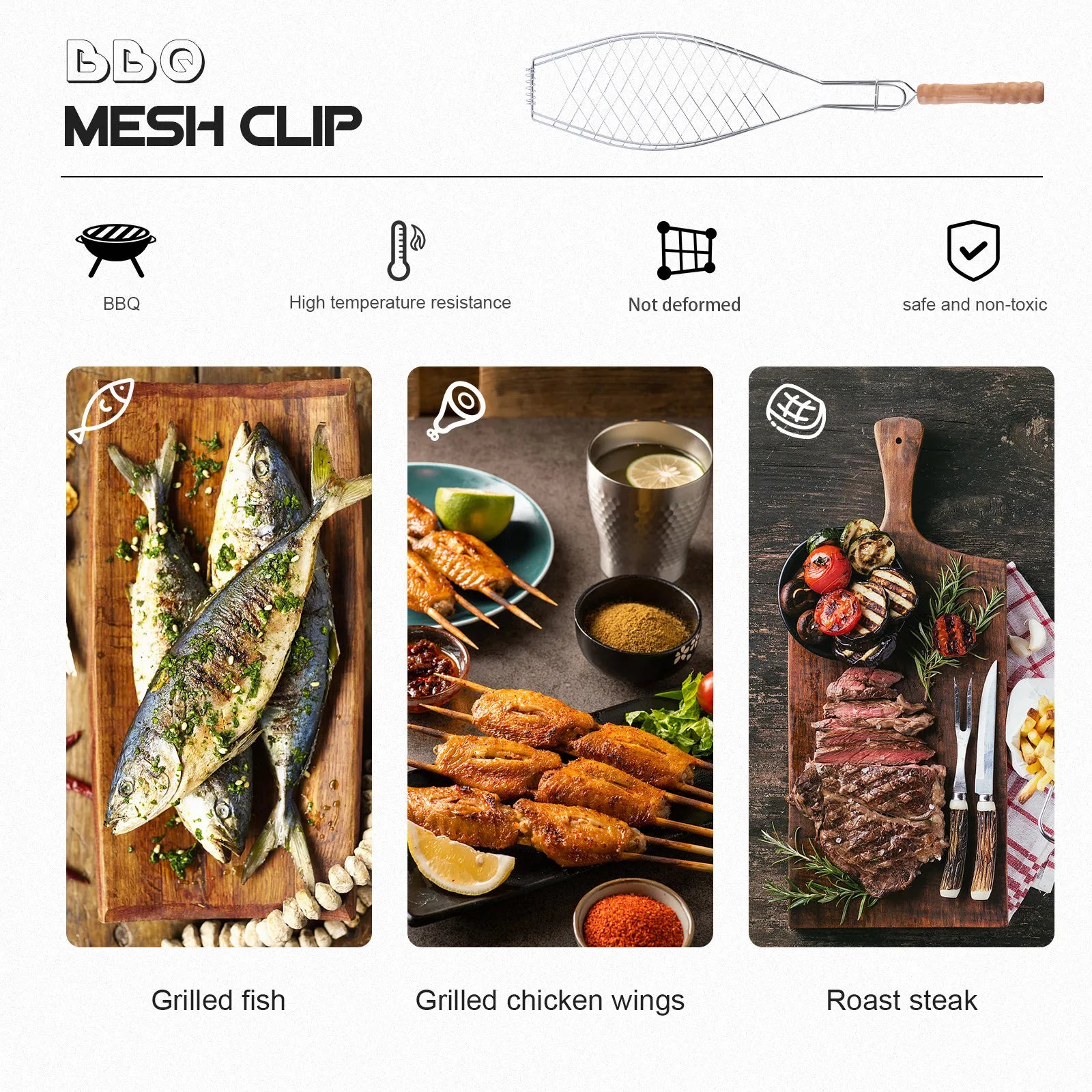 2Pcs Barbecue Grill Net Clip Iron Mesh Nonstick Wooden Handle Outdoor Bbq Tool Fish Grill Basket for Camping Picnic