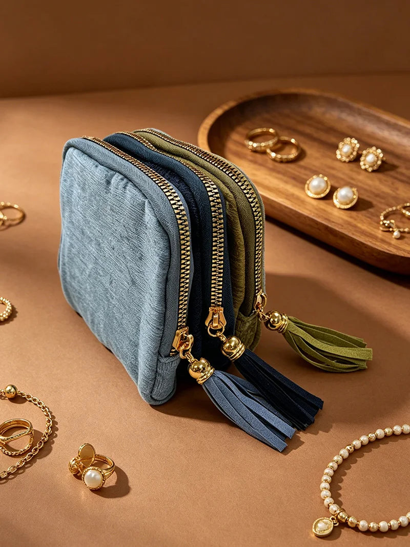 BUYLEMO Retro Velvet Tassel Jewelry Organizer, Portable Zippered Earring & Ring Storage Pouch