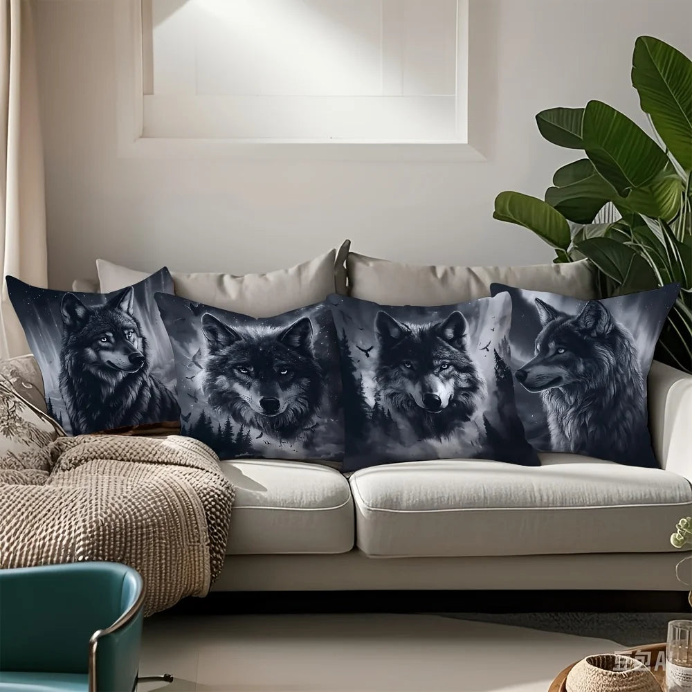 4-Piece Printed Pillowcase Set – Wolf Theme with Dark Tones for a Mysterious & Cool Atmosphere