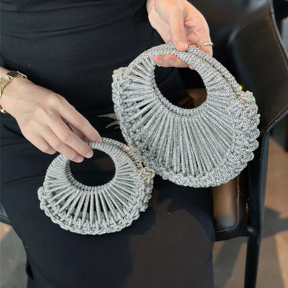 Glitter Shiny Diamond Clutch Purse Women Handbag Luxury Handmade Circular Bag Wedding Party Banquet Bag Fashion Evening Bag