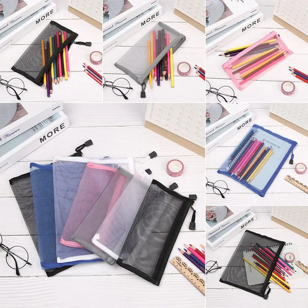 1pc Fashion Solid Color Makeup Cosmetic Handbags Coin Purse Transparent Grid Zipper Pencil Case Cosmetic Storage Mesh Pen Bag