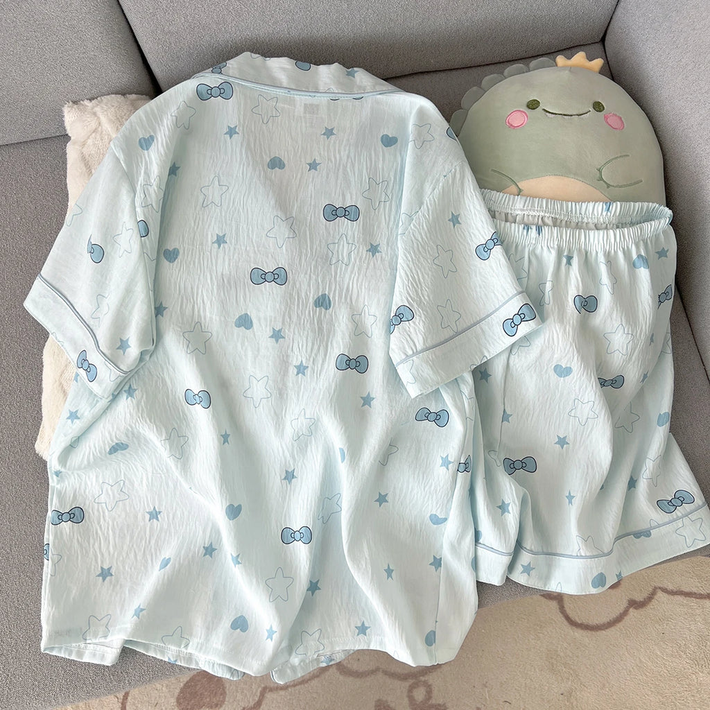Women's Summer Thin Pajamas with Heart-Shaped Bow Pattern, Short-Sleeved Shorts, Sweet and Cute, Can Be Worn Outside in Summer, Two-Piece Home Wear Set