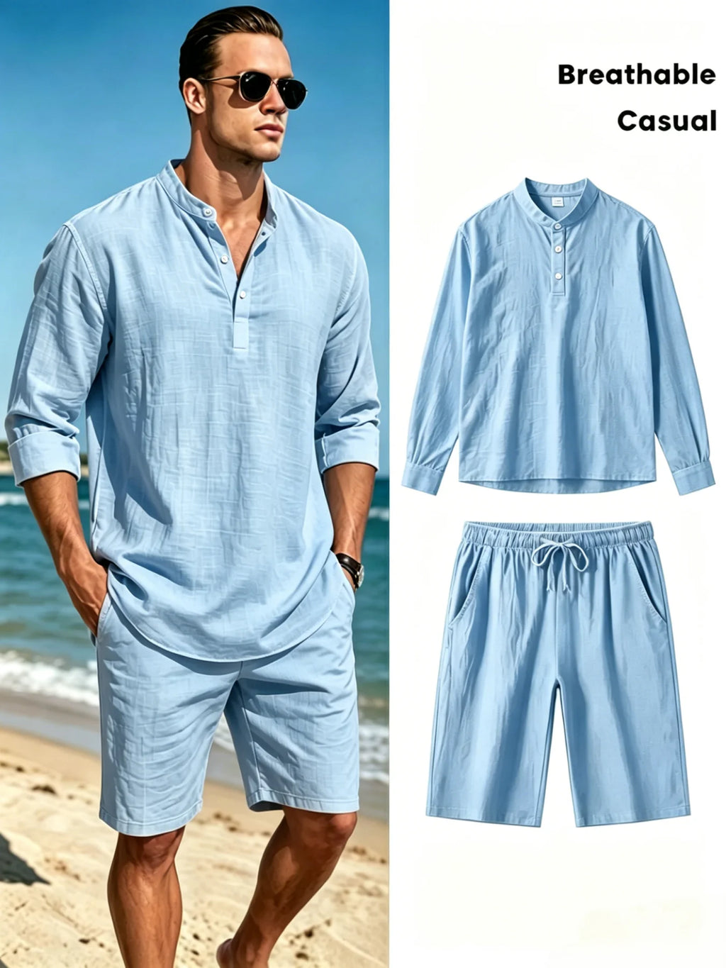 Men's Cotton Linen Henley Shirt and Shorts Set Breathable Casual Two Piece Outfit with Drawstring Shorts for Summer Beach