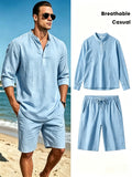 Men's Cotton Linen Henley Shirt and Shorts Set Breathable Casual Two Piece Outfit with Drawstring Shorts for Summer Beach