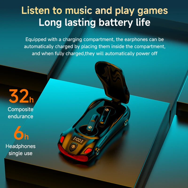 Mini Sports Car Design TWS Earbuds Gift for Kids Adults Gamer Low Latency Gaming Music Bluetooth Earphones Wireless Stereo Sound