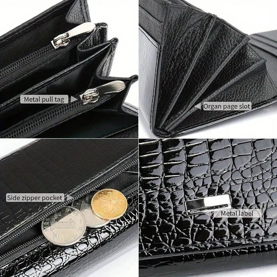 New Shiny Leather Cowhide Wallet Women's Long Leather Money Clip Bag, Evening Bag