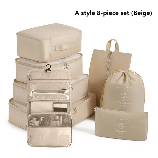 9Pcs Travel Packing Cubes Set Waterproof Luggage Organizer with Drawstring Pouches for Clothes Shoes Cosmetics Underwear - Suitc