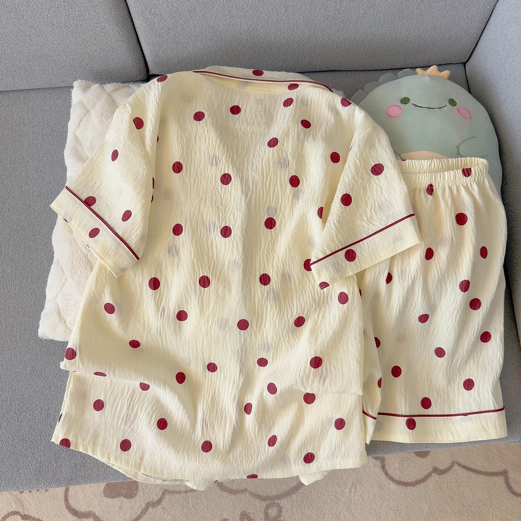 Women's Summer Pajamas, Thin Polka Dot Pattern Short-Sleeved Shorts, Sweet and Cute, Can Be Worn Outside in Summer, Two-Piece Home Wear Set