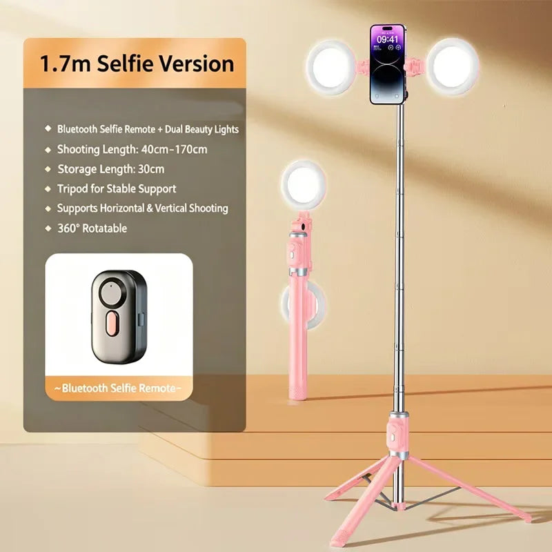Portable Selfie Stick 360° Rotatable Tripod with Dual Beauty Fill Lights Scalable 1.7m Wireless Bluetooth Remote Phone Holder