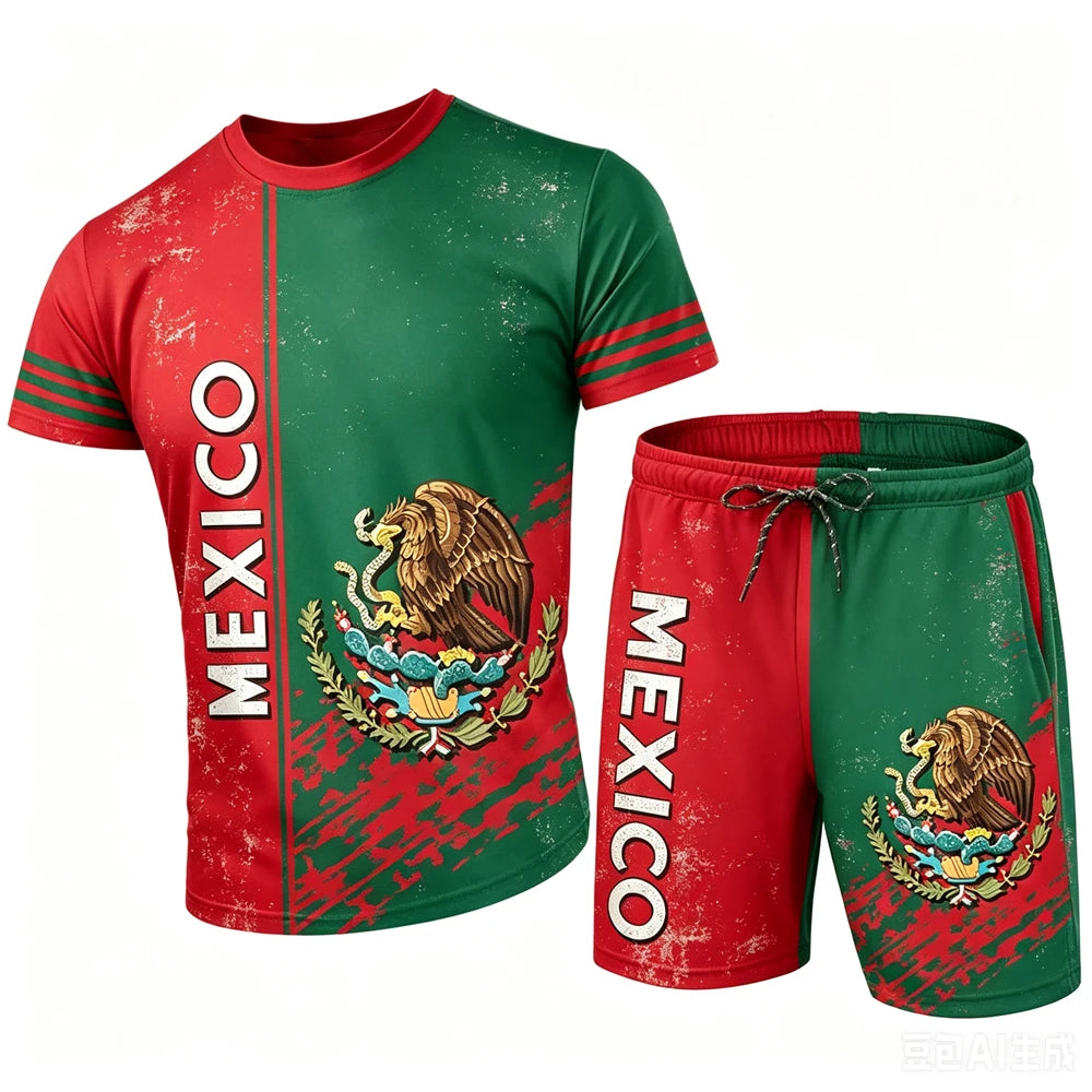 Mexico National Flag Pattern Men's Sets Fashion 3D Eagle Printing Short Sleeve Tees and Shorts 2 Piece Casual Loose Summer Suits