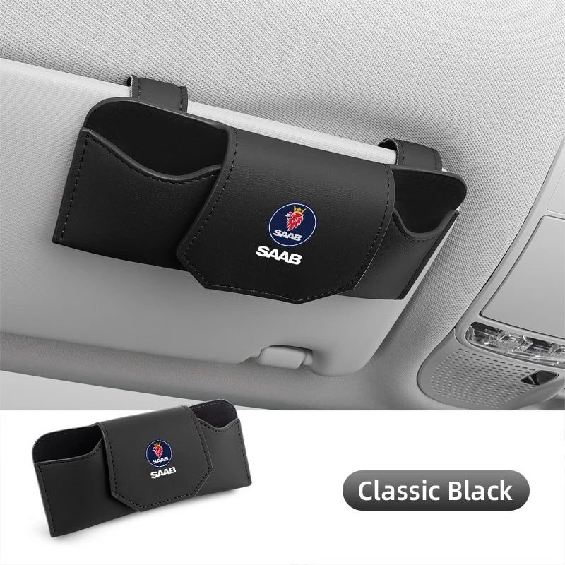 Magnetic Leather Storage Sunglasses Case Car Sun Visor Holder For SAAB Turbo X Monster 9-2X GT750 92 Sweden Decal