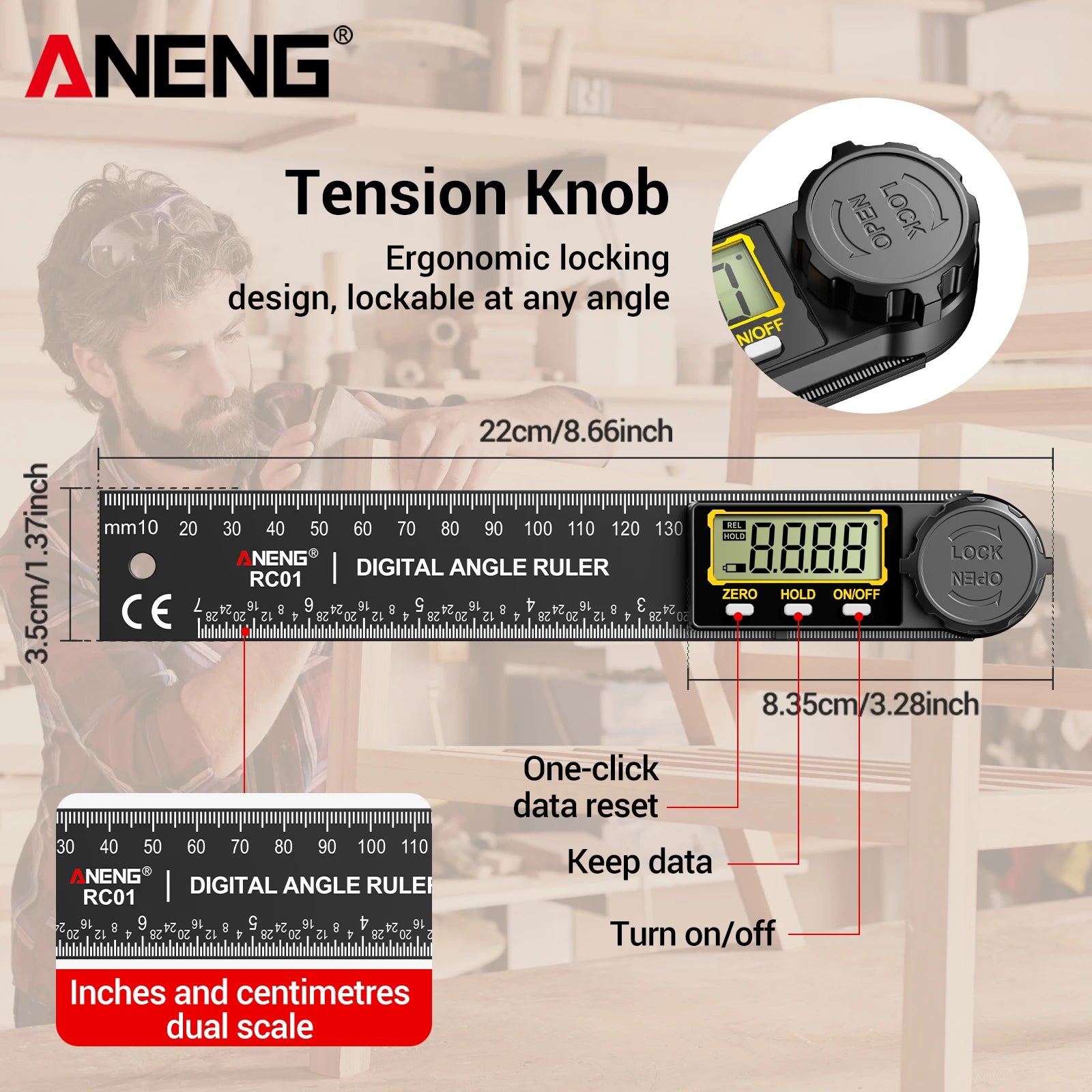 ANENG RC01 Digital Protractor Angle Finder Goniometer 0.1° Resolution ±1% ±0.5° Accuracy 0.0°-999.9° Woodworking Measuring Tool