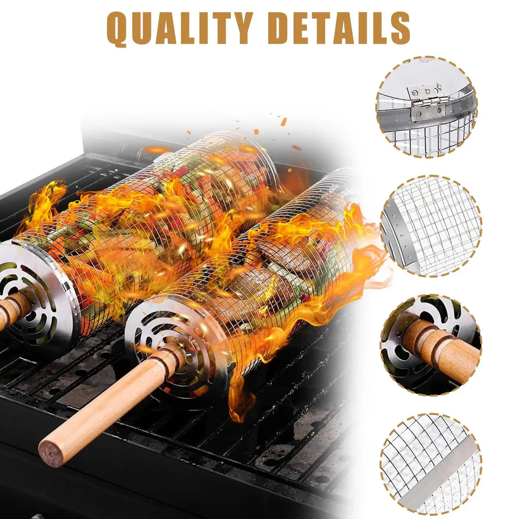 BBQ Rolling Grill Basket with Turn Handle Stainless Steel Reversible Outdoor Barbecue Camping Picnic Fish Grill Tool BBQ Grill