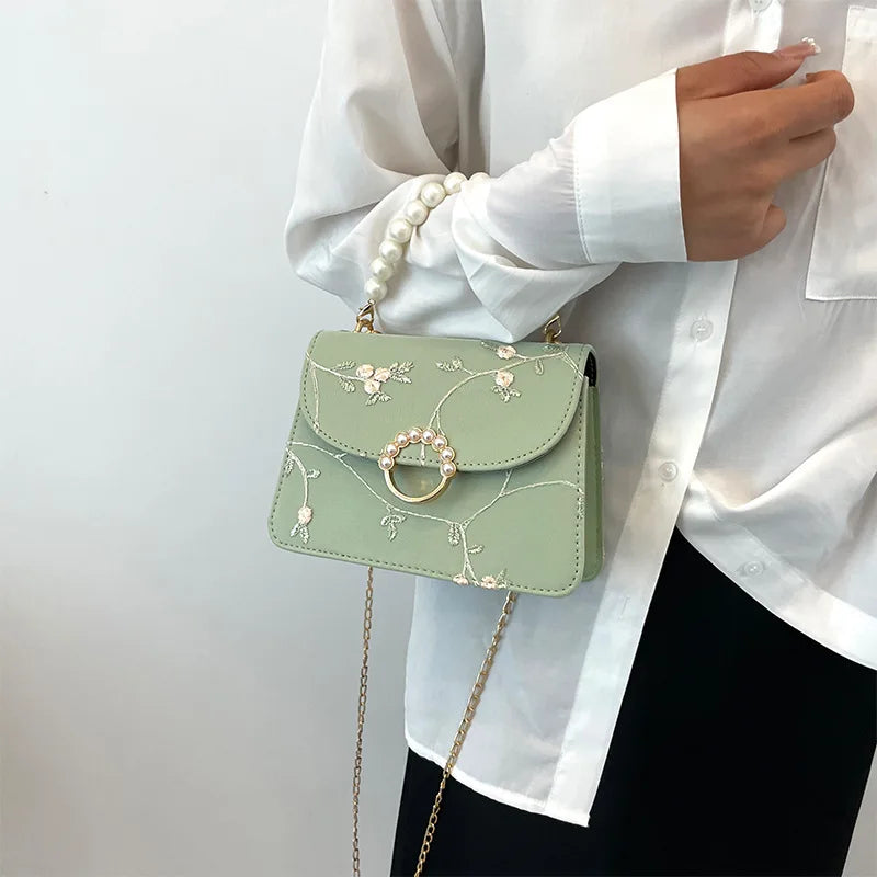 Chic Pearl Handbag for Women Stylish Lace Chain Single Shoulder Bag Synthetic Leather Square Small Tote Bag Women Party Daily