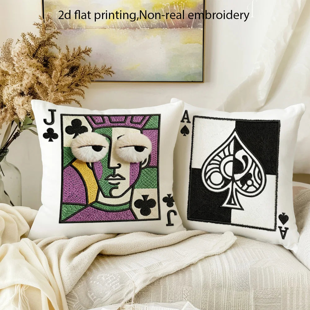 Quirky Game Room Style Pillow Covers, Playing Card Jack Queen King Ace with Plush Face Print Cushion Cases, Cozy Home Decor