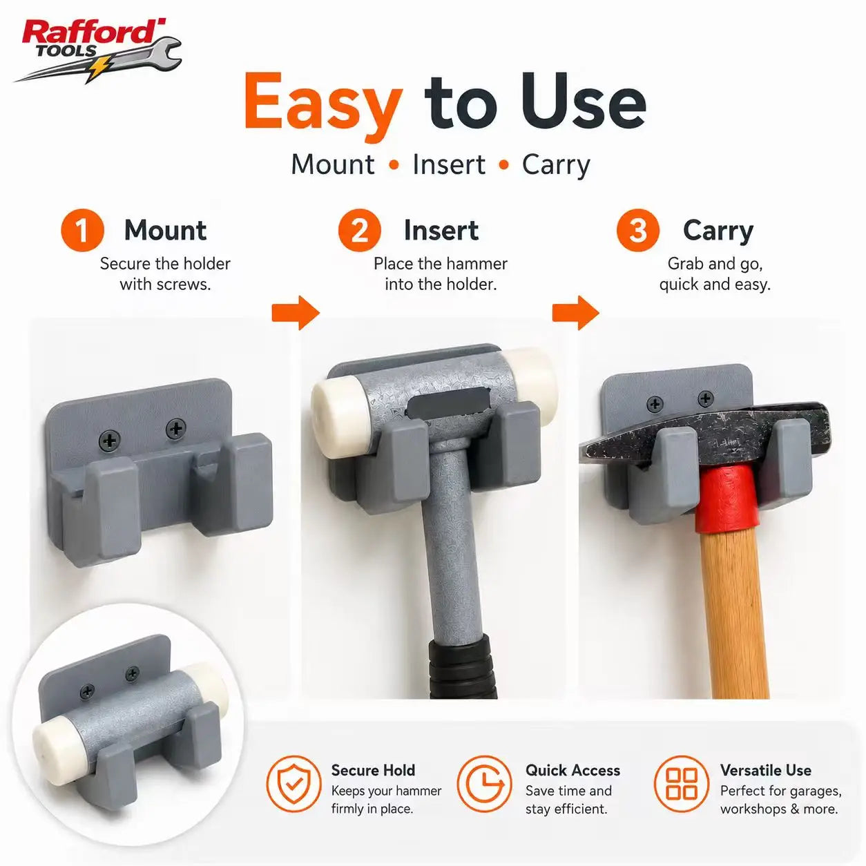 Rafford 1/2PCS Wall Mounted Hammer Holder, Heavy Duty Tool Storage Hook, Secure Grip Hammer Rack for Garage Workshop