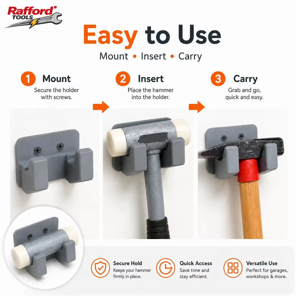 Rafford 1/2PCS Wall Mounted Hammer Holder, Heavy Duty Tool Storage Hook, Secure Grip Hammer Rack for Garage Workshop