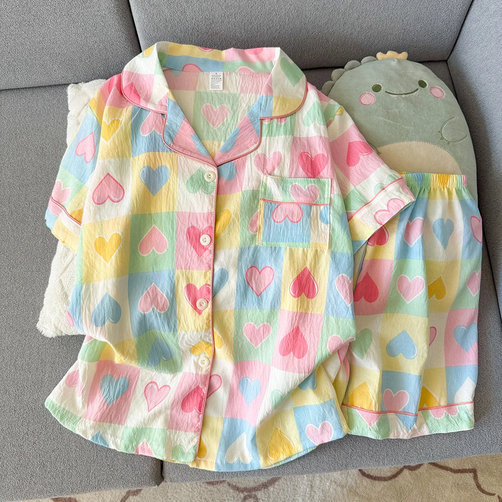 Women's Summer Thin Pajamas with Plaid Heart-Shaped Pattern, Short-Sleeved Shorts, Sweet and Cute, Can Be Worn Outside in Summer, Two-Piece Home Wear Set