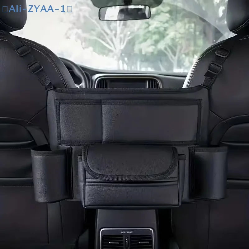 【ZYAA-1】One Durable PU Leather Car Seat Storage Bag With Cup Holder, Side Pockets And Front Storage Compartment.
