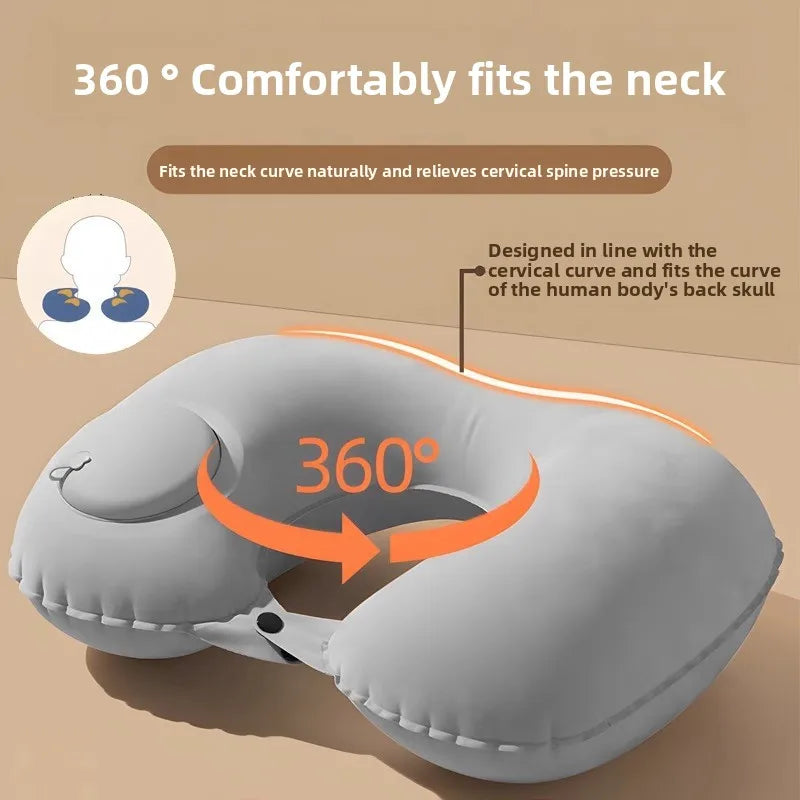 U-shaped Flocking Inflatable Pillow Portable Pillow Auto Inflation Compression Neck Pillow for Outdoor Travel Camping & Hiking