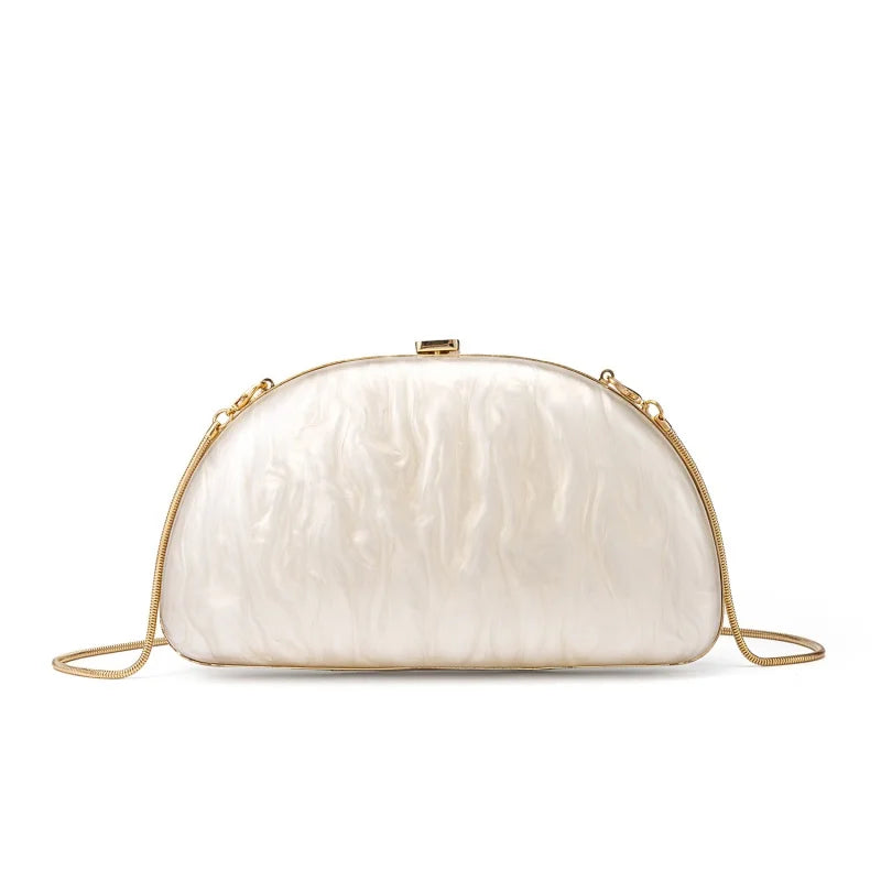 White Shell Shaped Hand-held Box Bag Lipstick Bag New In Fashion Oval Clutch Bag Women Elegant Pearly Luster Chain Crossbody Bag