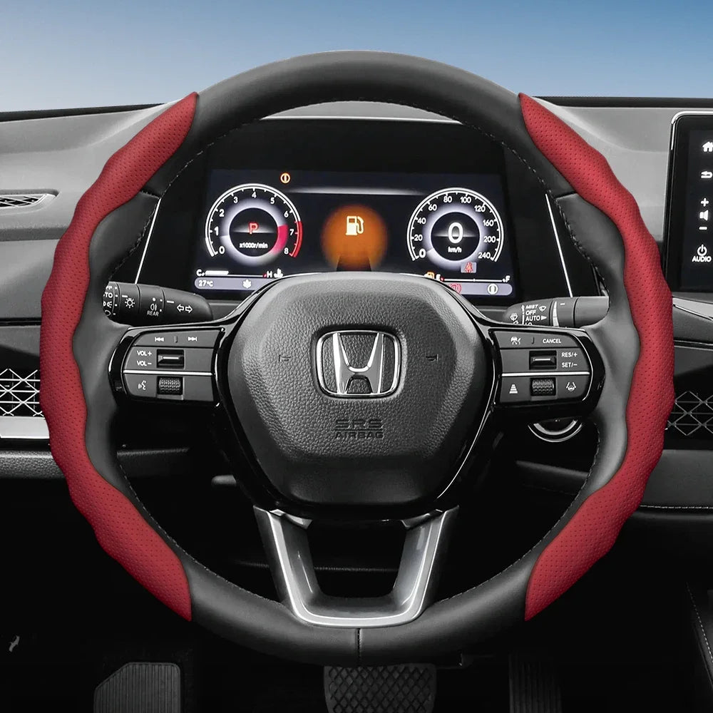 Steering Wheel Cover Suitable for Honda, Wave-Shaped Sporty Design, Breathable Leather, Segmented Design, Non-Slip