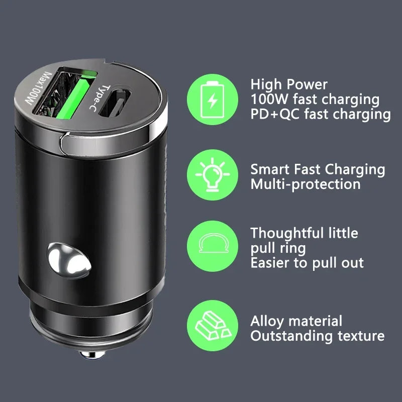 New Mini 100W Car Charger Type C Dual USB Fast Charging iphone 15 pro max Samsung Huawei Xiaomi Socket Cigarette Lighter Charger