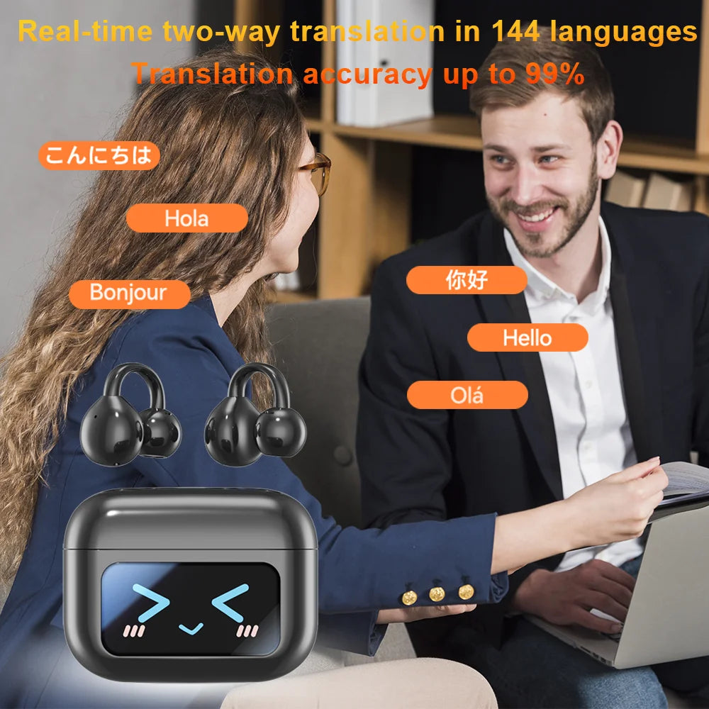Touch Screen Bluetooth Headphones 144 Languages Real-time Translation Headphones Wireless Open Ear Clips Sports Gaming Earphone