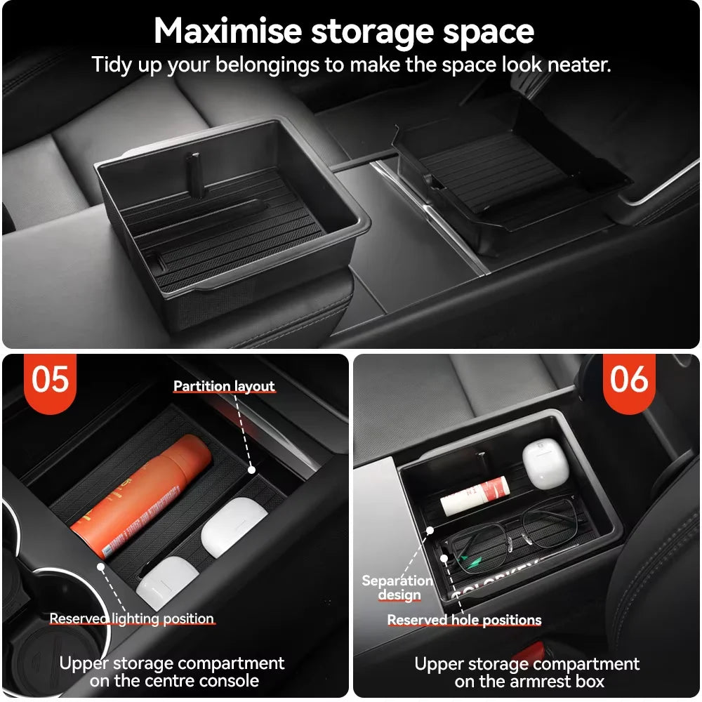 For Tesla Model 3/Y/YL Highland Juniper 2026 Center Armrest Hidden Storage Box Cup Holder Console Organizer Box Accessories