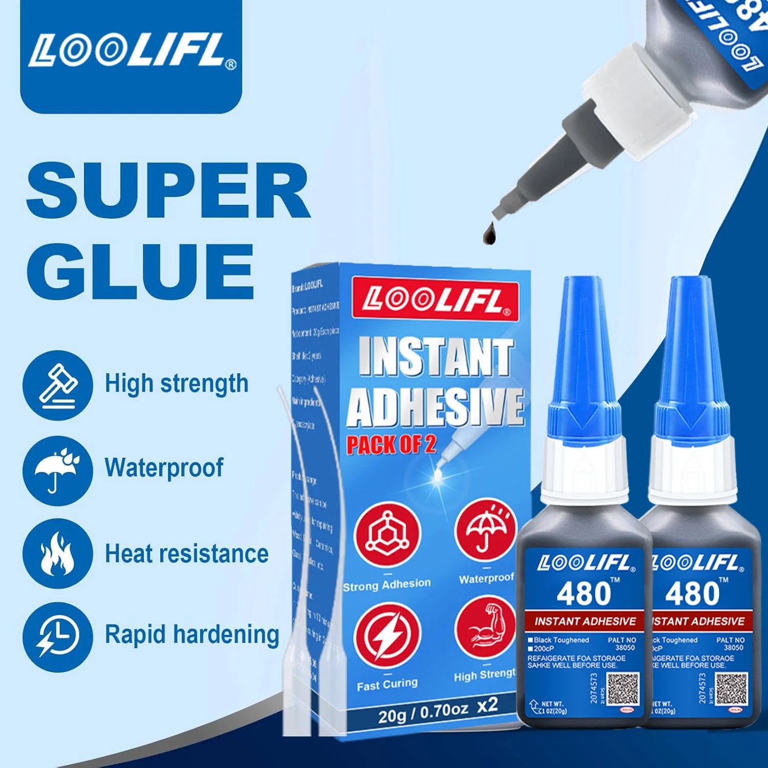 LOOLIFL 480 Upgrade Kit Black Super Glue Cyanoacrylate Adhesive Fast Plastic Wood Metal Tires Rubber Shoes Strong Repair Glue