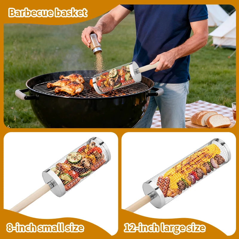 Rolling Grill Baskets for Outdoor Grill,  Basket with Removable Wooden Handle, Camping Picnic BBQ Accessories Tools for Grilling
