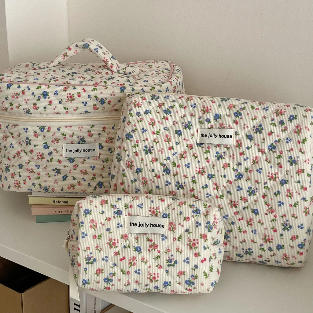 3pcs Floral Clutch Bag Flower Quilting Cotton Makeup Bag Women Zipper Cosmetic Organizer Handbag Portable Toiletry Case for Girl