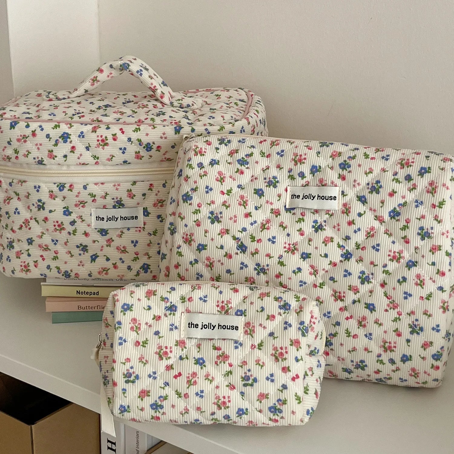 3pcs Floral Clutch Bag Flower Quilting Cotton Makeup Bag Women Zipper Cosmetic Organizer Handbag Portable Toiletry Case for Girl