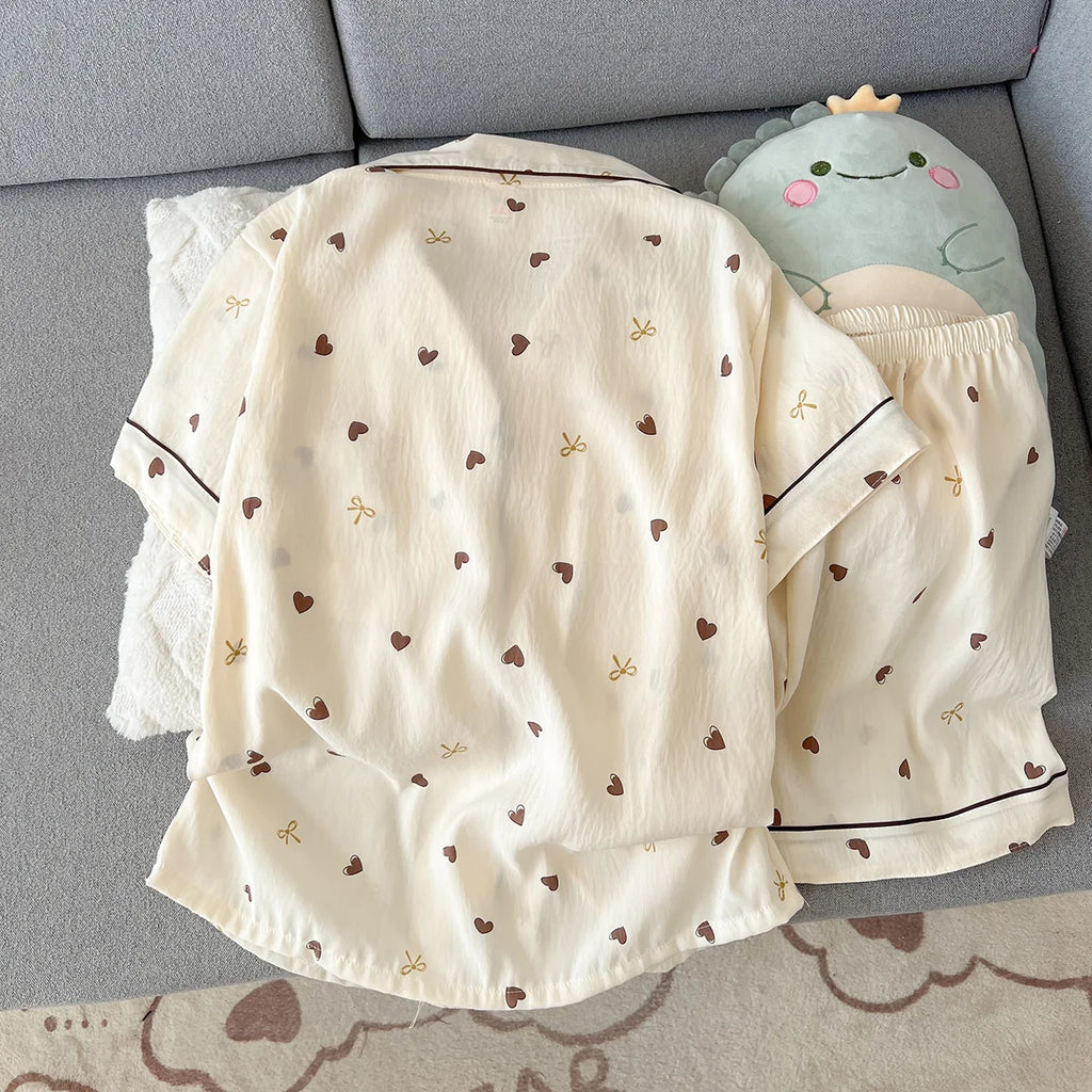 Women's Summer Thin Pajamas with Heart-Shaped Pattern, Short-Sleeved Shorts, Sweet and Cute, Can Be Worn Outside in Summer, Two-Piece Home Wear Set