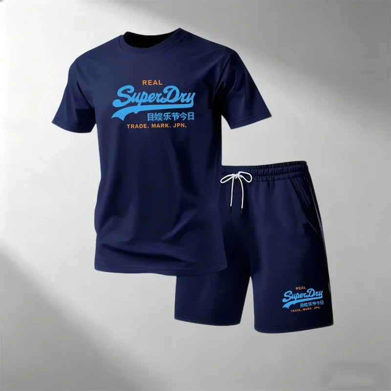 Summer Street Fitness Men's T-Shirts Sets Short Sleeve T-Shirt + Shorts Quick Dry Breathable Round Neck Running Suit Hot Sale